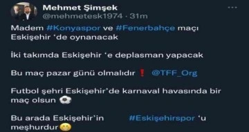 Başkan Şimşek’ten "Konyaspor-Fenerbahçe" maçının pazar günü oynanması talebi